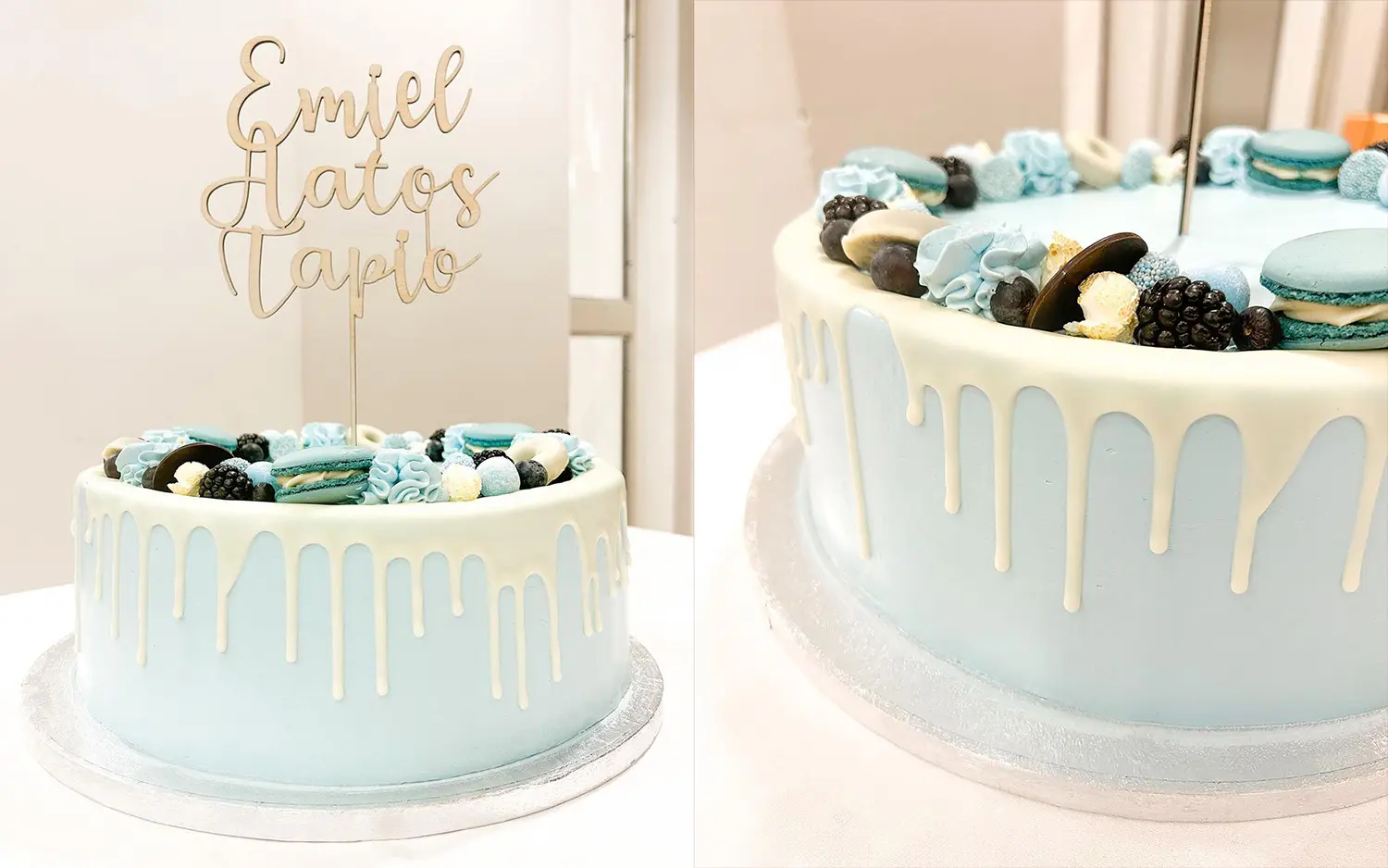 Vaaleansininen valumakakku hopeisella alustalla