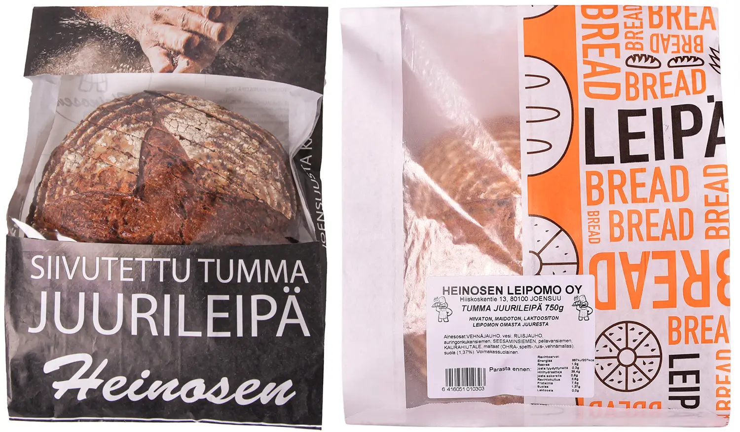 Heinosen juurileipien myyntipakkaukset