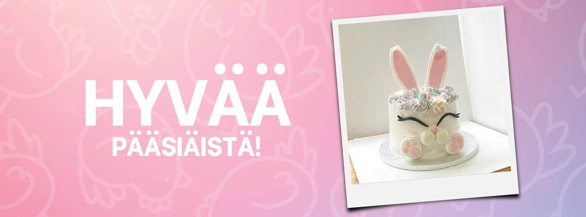 Pääsiäispupun muotoinen täytekakku ja teksti