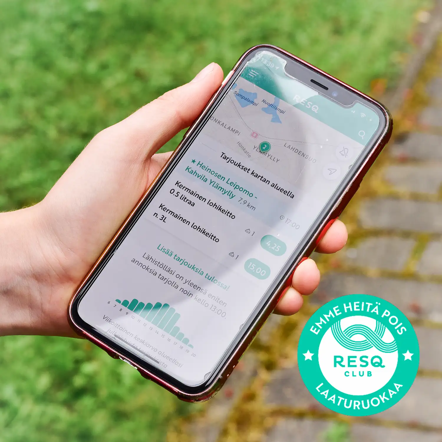 Lähikuva ResQ sovelluksesta puhelimen ruudulla