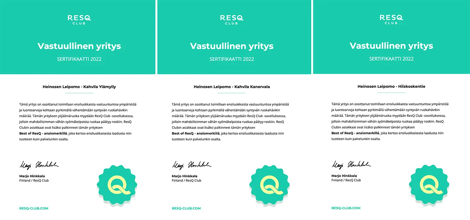 Resq sertifikaatit Heinosen Leipomo